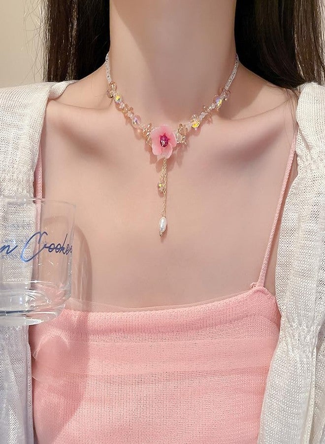 Cykdohy Cute Pink Flower Pendant Transparent Crystal Beads Choker Necklace for Women Sweet Dainty Handmade Adjustable Rhinestone Beaded Chain Necklaces Fairy Y2k Pearl Tassel Charm Summer Beach Jewelry - Image 5